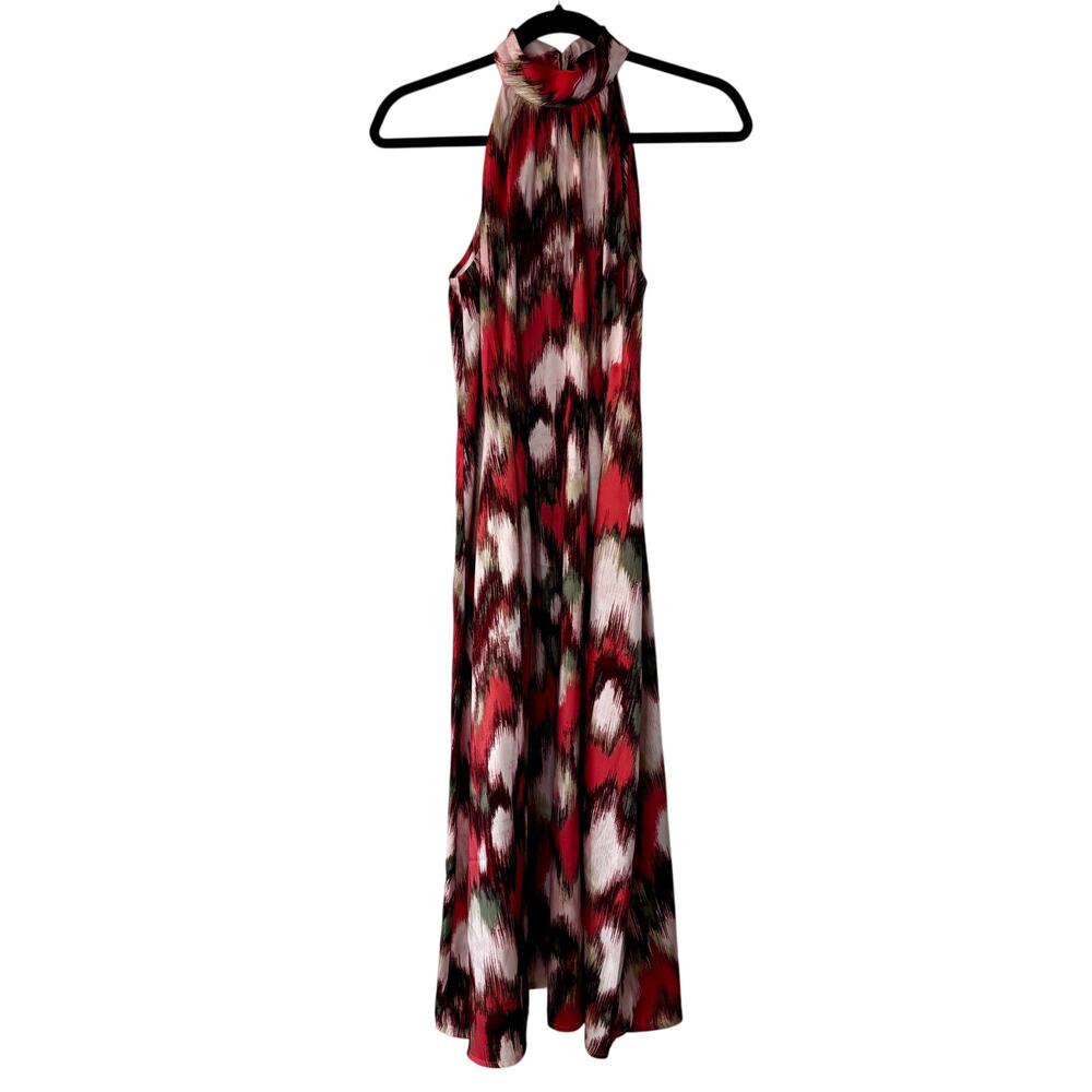 Banana Republic Silky Twill Ikat Halter Midi Dress Pink Maroon Size 4 Sleeveless